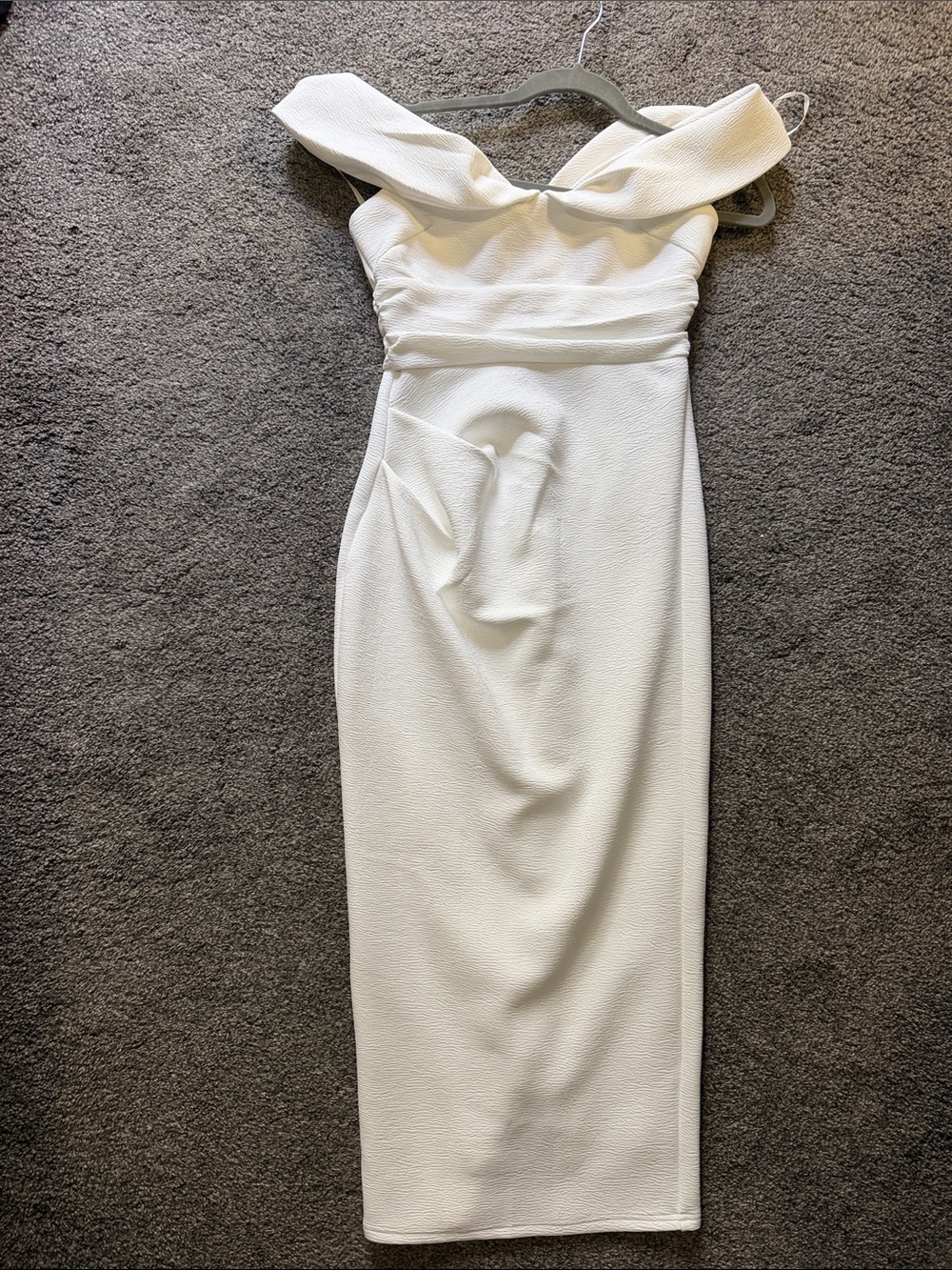 Off-Shoulder White Midi Sheath Dress